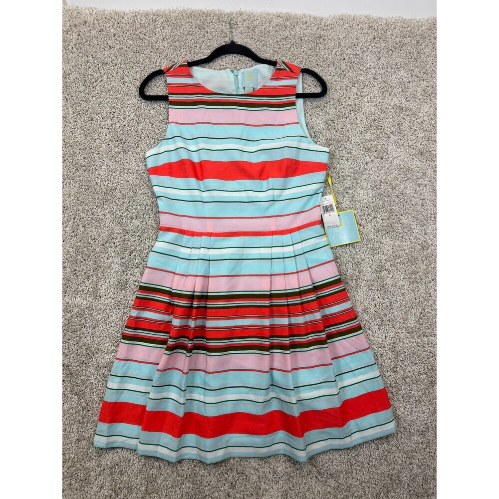 CeCe Women's Striped Fit & Flare Dress Size 6 Pleated Clearwater NWT MSRP $148